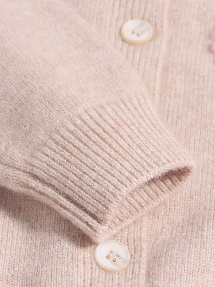 Girls Ruffle Shoulder Floral Embroidered Beige Cashmere Cardigan